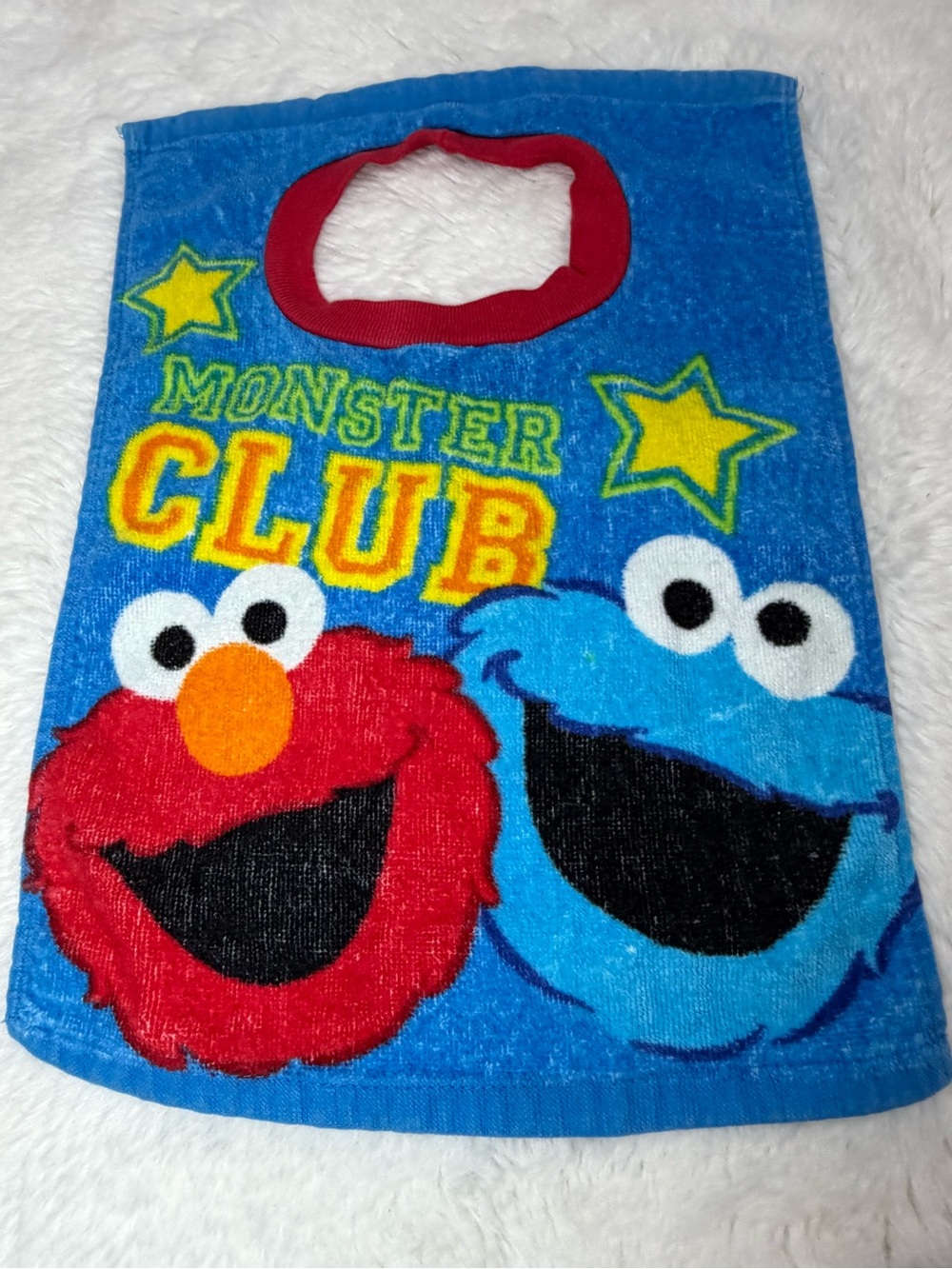 Y2K Sesame Street Elmo & Cookie Monster Terry Cloth Pull Over Baby Bib 14” X 11”